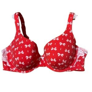 Cacique Lightly Lined T-Shirt Red Bow Print Women's Bra Size 42C